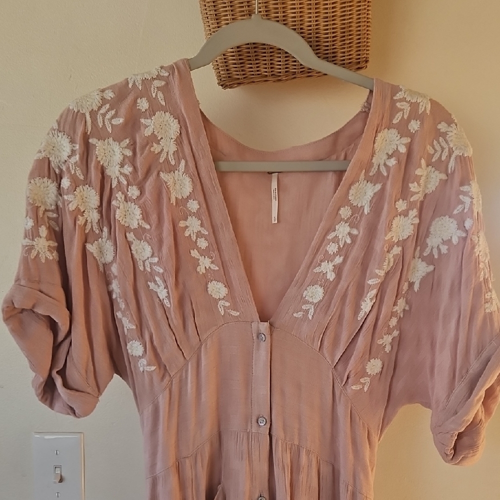 Pink Dress with White Floral Embroidery